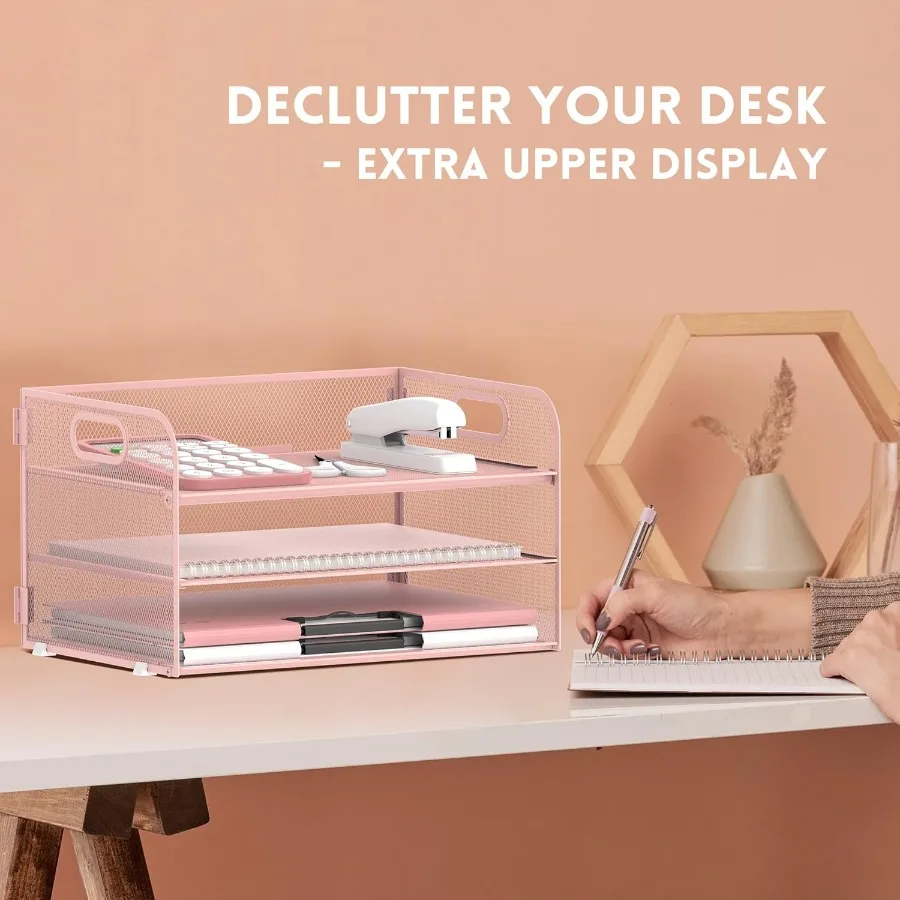منظم ورق من 3 طبقات مع مقبض لتخزين المكتب، صينية رسائل بتصميم شبكي لملفات A4 والوثائق، ملف سطح المكتب الوردي المدمج #5