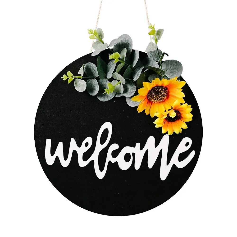 Sunflower Wooden Welcome Sign Grid Bowknot Artificial Eucalyptus Leaves Door Wreath 30cm Round Shape Hanging Decoration
