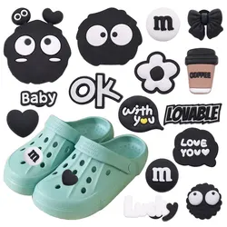 15PCS/Set Cute Black White Flowers Coffee Shoes Charms Accessories Boys Girls Buckle Sandal shoes Decorations DIY