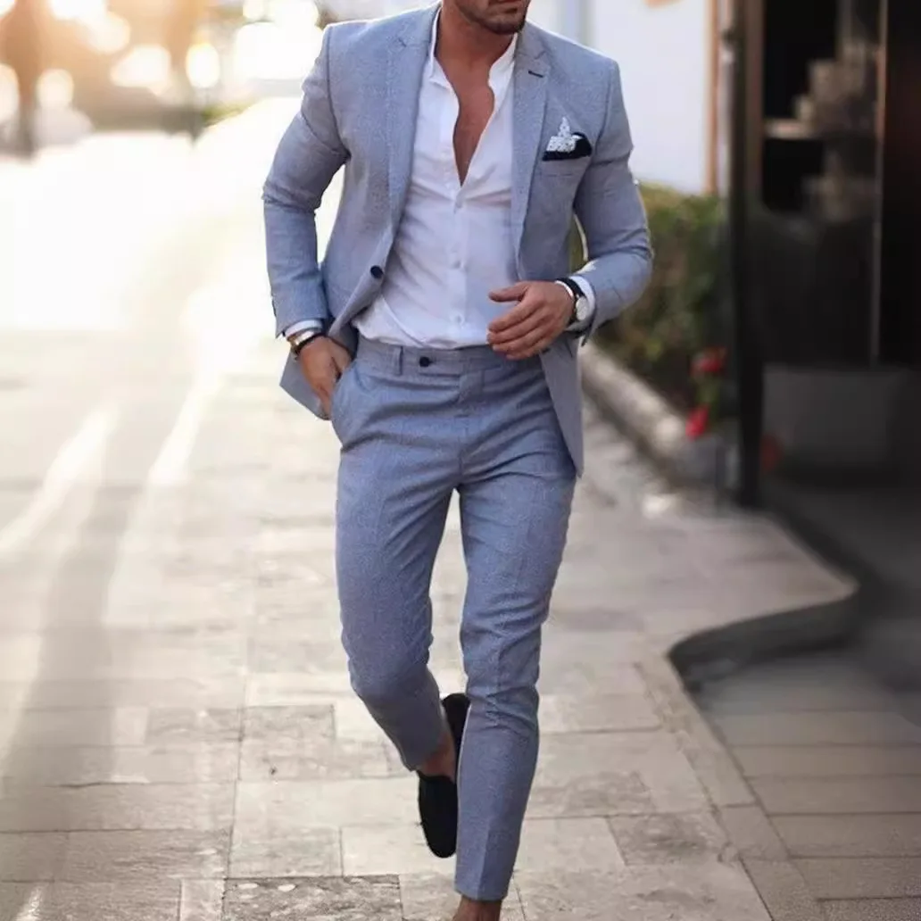 Korean Version Linen Solid Color Business Two-piece Set, Men's Spring New Casual Back Slit Single Button Lapel Suit + Trousers