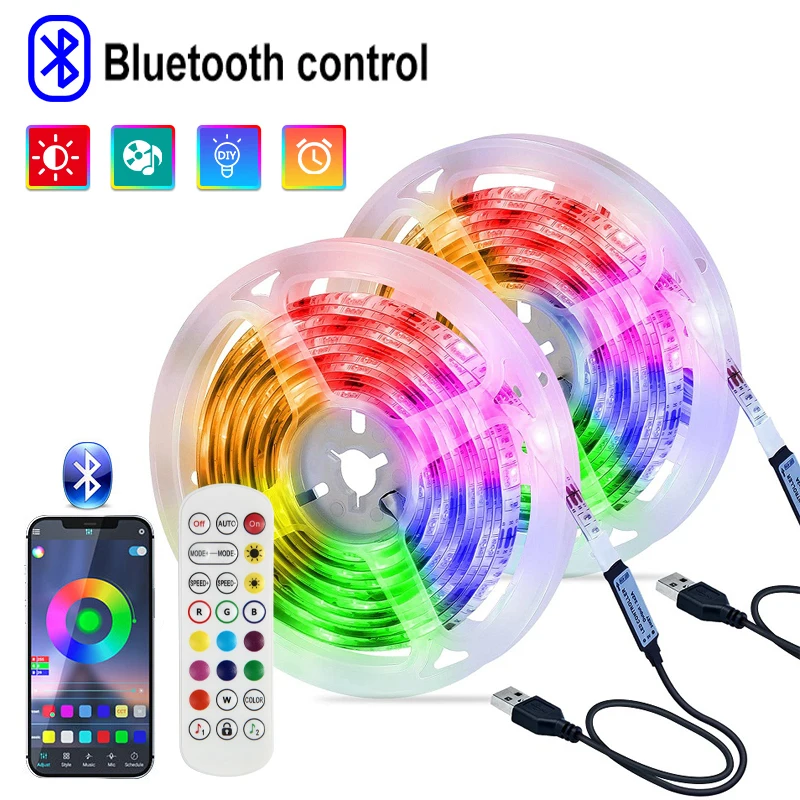 

LED Strips Light RGB 5050 Bluetooth Control DC5V USB 3Keys 24Keys 44Keys Tape Color Change Lamp for Christmas Bedroom Decoration