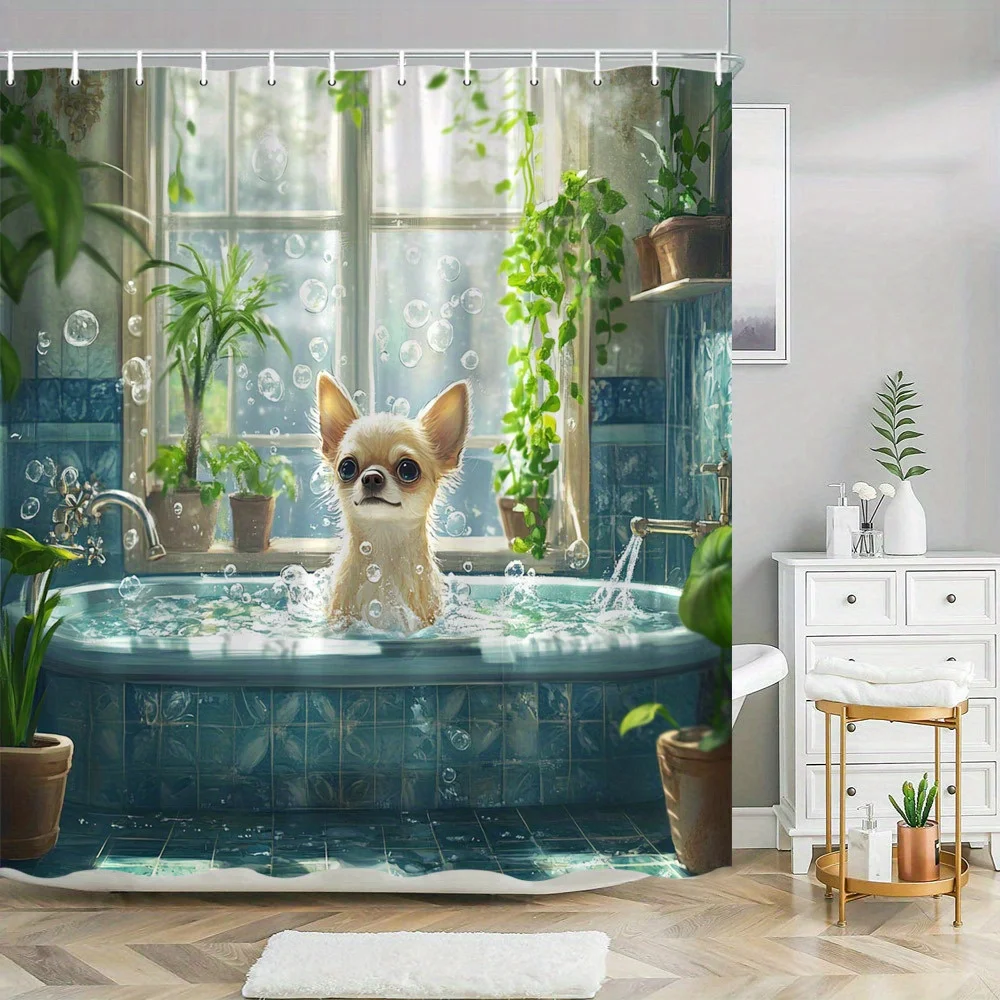 1pc Chihuahua Bathtub Shower Curtain - Cute Chihuahua in Turquoise Bathtub with Bubbles & Lush Greenery