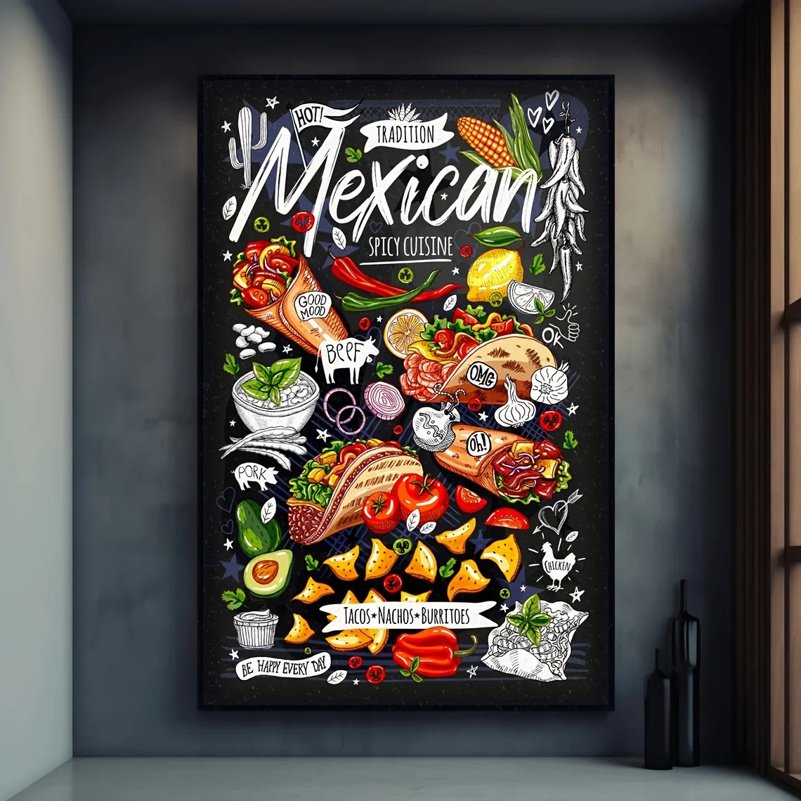 1PC Vibrant Mexican Food Canvas Modern Food Poster, White, with Colorful Illustrations of Spicy Meats, Vegetables