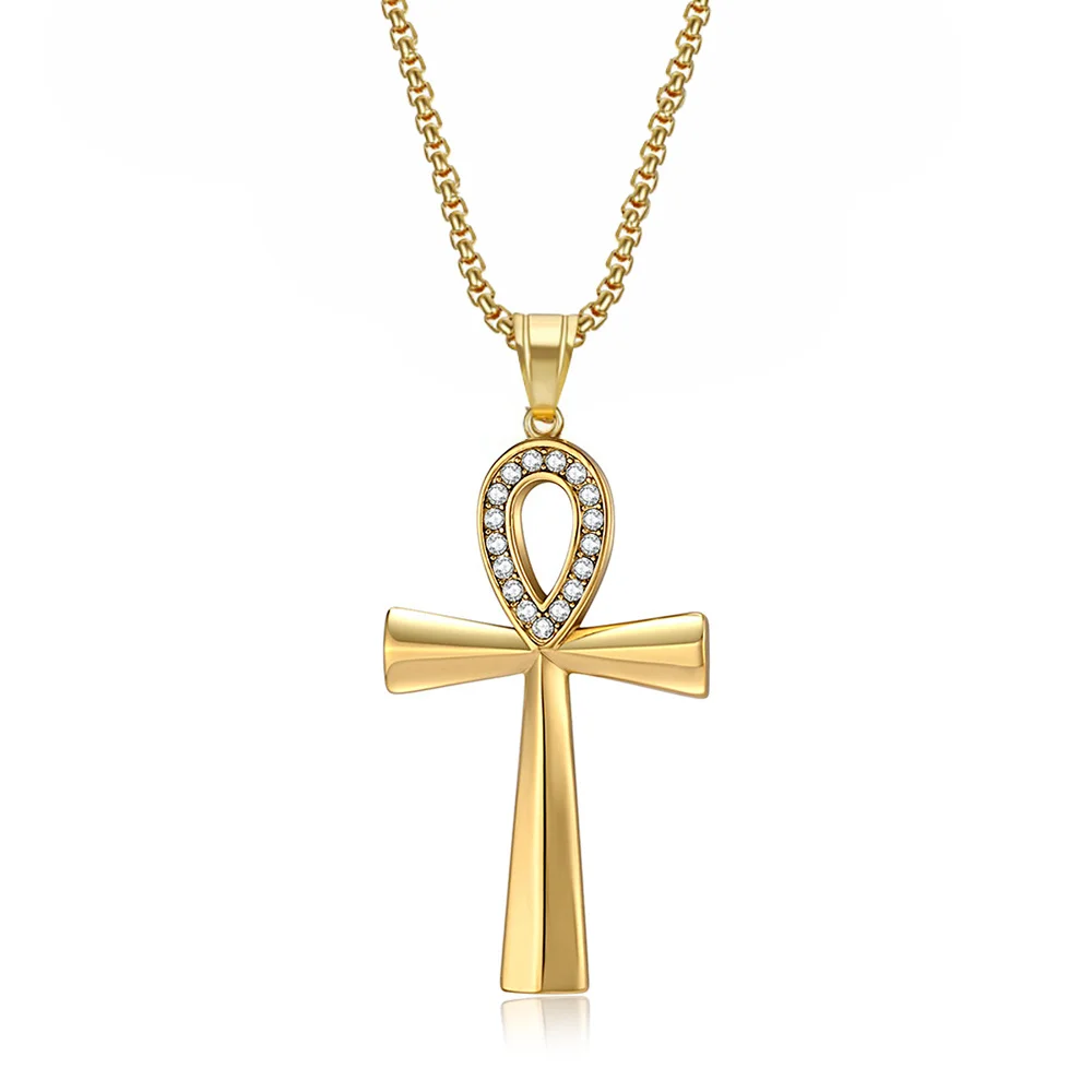 المصرية مثلج خارج بلينغ عنخ الصليب قلادة الذهب والفضة اللون قلادة من الفولاذ المقاوم للصدأ للنساء الرجال مصر القديمة مجوهرات هدية