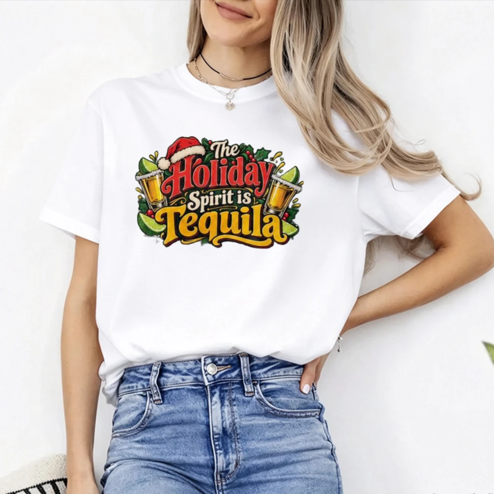 The Holiday Spirit Is Tequila Funny Christmas Tequila Lime Graphic Tee Santa Hat Holly Print Short Sleeve Xmas Party Casual Tops