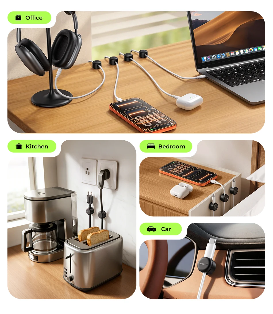 Rocoren Spiral Cover Magnetic Cable Clamp Cable Smooth and Adjustable Rope Holder Under Table Cable Management Cable Organizer