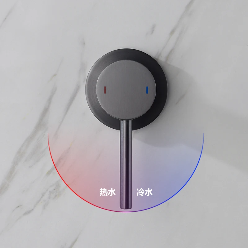

Shower control valve handle concealed installation with a shower faucet embedded in the wall and a circular shower body hot cold