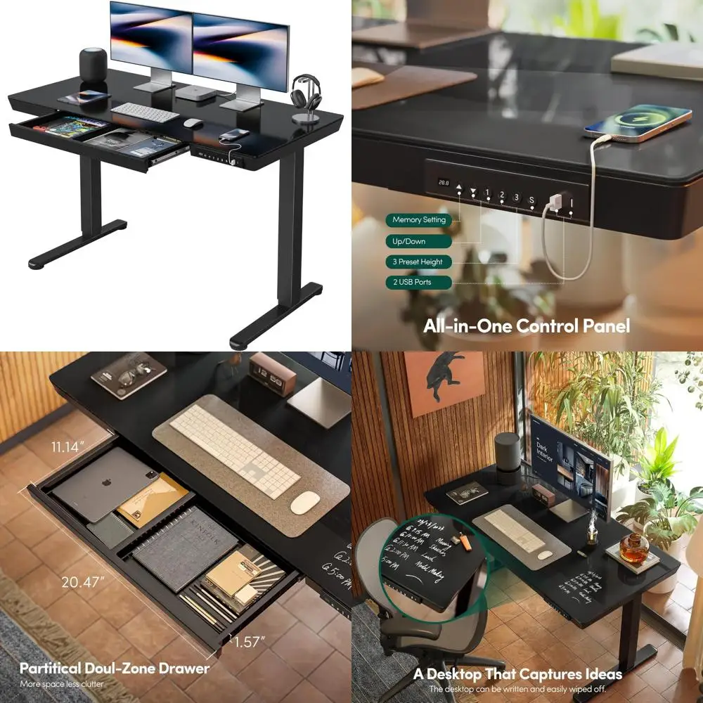 مكتب بارتفاع كهربائي قابل للتعديل - 48 × 24 مع أدراج، سطح زجاجي كامل، قطعة واحدة سهلة التجميع #1