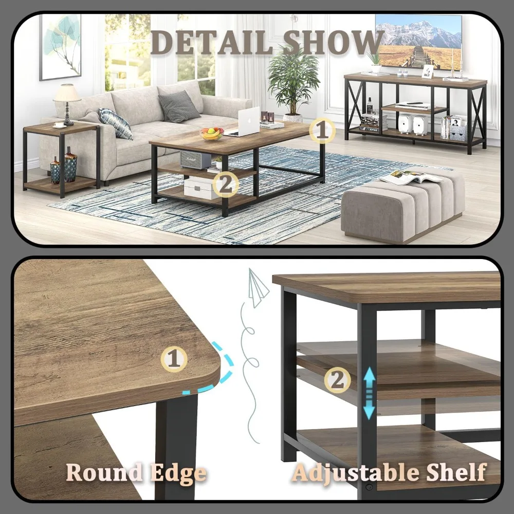 Coffee Table with Storage Shelf, Modern Wood and Metal Center Table for Living Room, Rustic Oak, 47 Inch