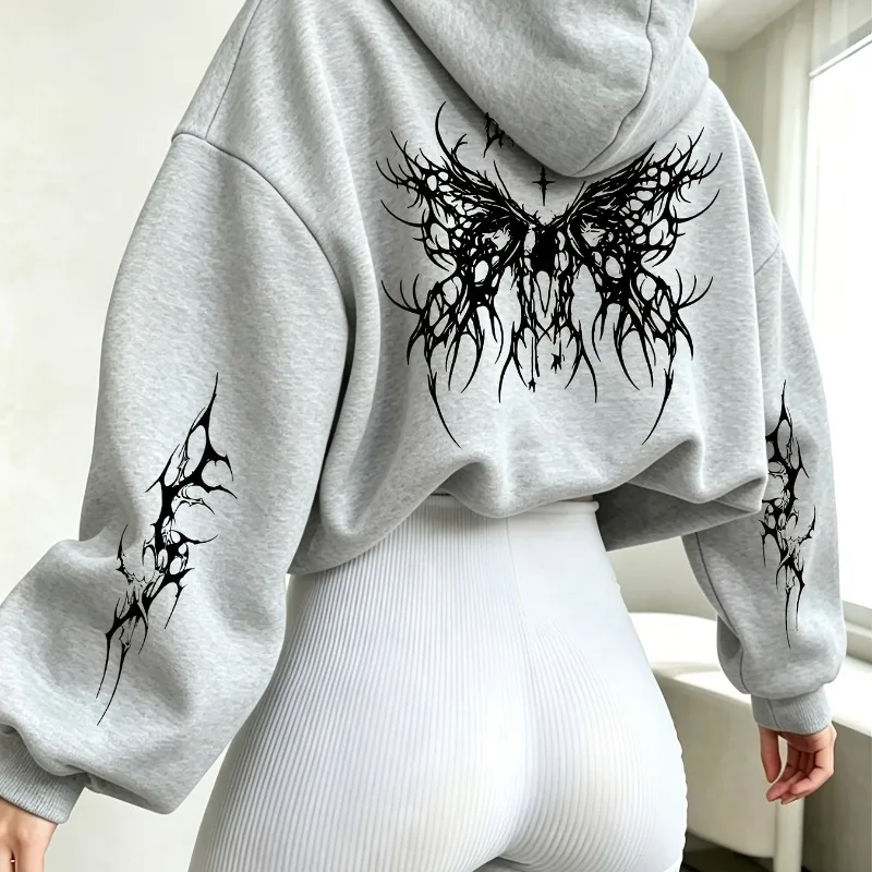 Black Cross Thorn Butterfly Pattern Print, Y2K Retro Street Women's Autumn/Winter Collection with Velvet Long Sleeve Hoodie