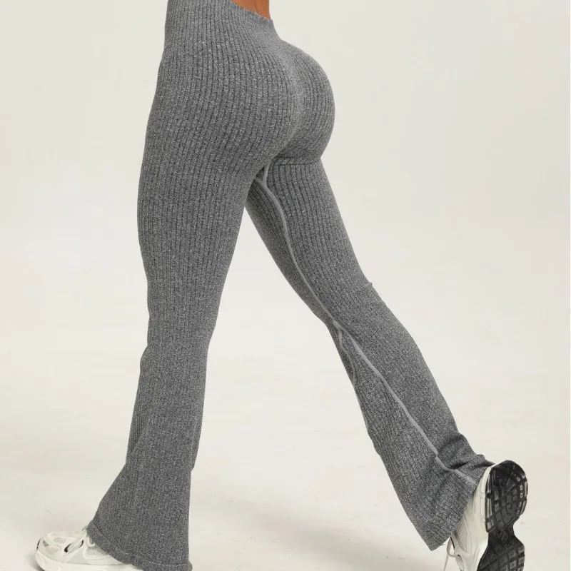 Women's High-Waist Bell Bottom Pants Solid Ribbed Leggings Seamless Slim Yoga Bell-bottoms Gym Exercise Running Knited Leggings