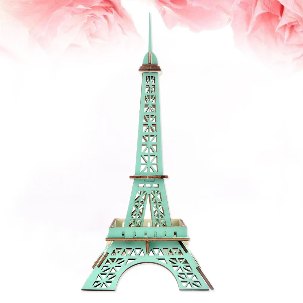 Green 3D Wooden Eiffel Tower Puzzle DIY Brain Teaser for Kids Educational Building Game Improve Creativity Office Shelf Display