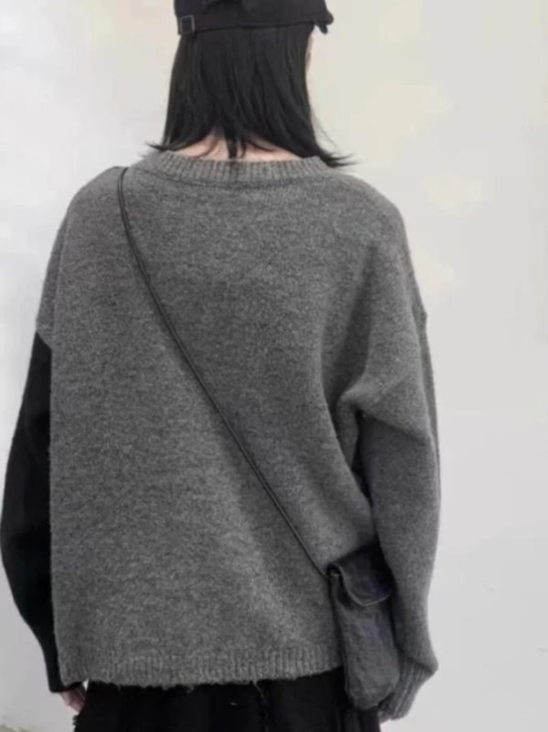 French Retro Color Blocked Irregular Design Sweater Cardigan Women Spring Autumn Loose Knit Sweater Long Sleeved Black Grey Top