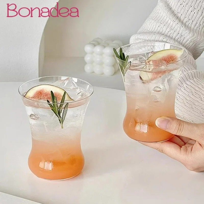 2Pcs Simple Glass Cup Waist Transparent Fruit Tea Cups Bubble Water Cup Beverage Coffee Cups Creative Latte Milk Glasses Cups