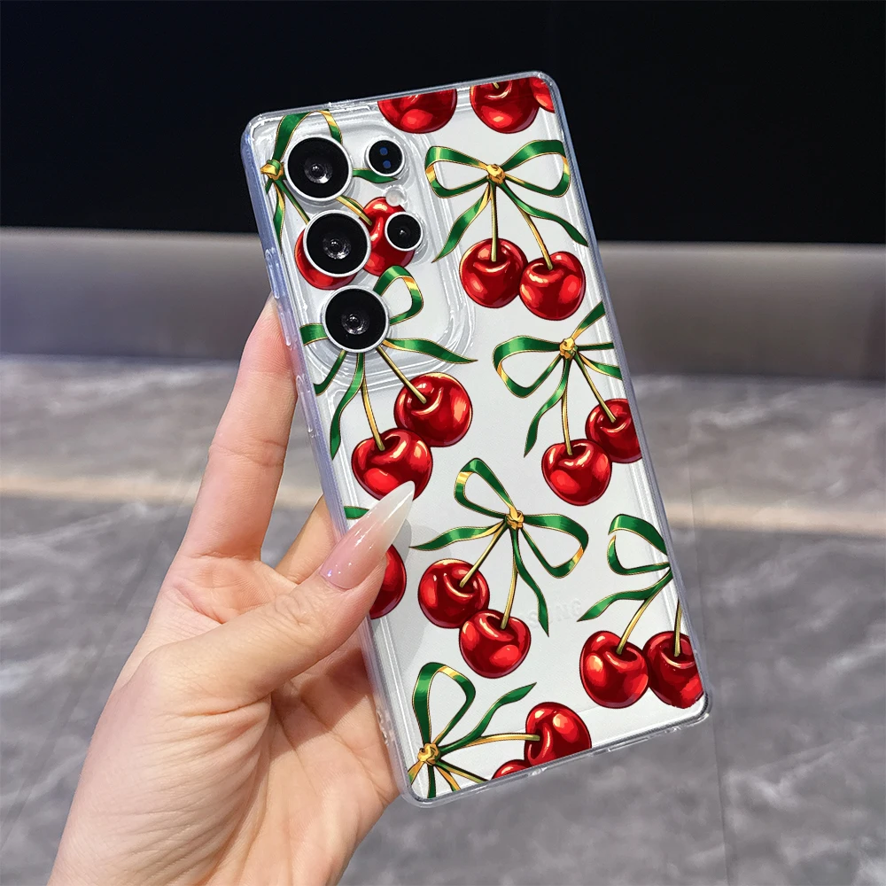 Red Cherries with Green Bows Clear Soft TPU Phone Case For Samsung S26 S24 S21 FE Plus A57 Anti Scratch Slim Back Cover