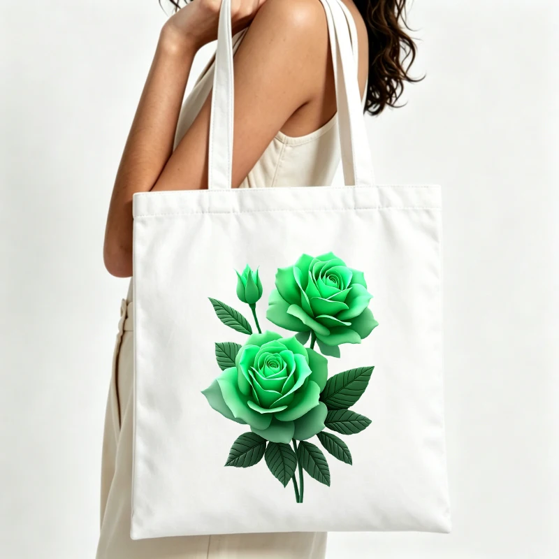 Women's canvas tote bag with green rose print, casual style for daily shopping and summer outings