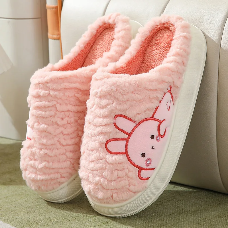 2023 Winter House Slipper Women Fuzzy Cartoon Rabbit Bear Warm Plush Indoor Floor Non Slip Home Men Shoes Female Slippers