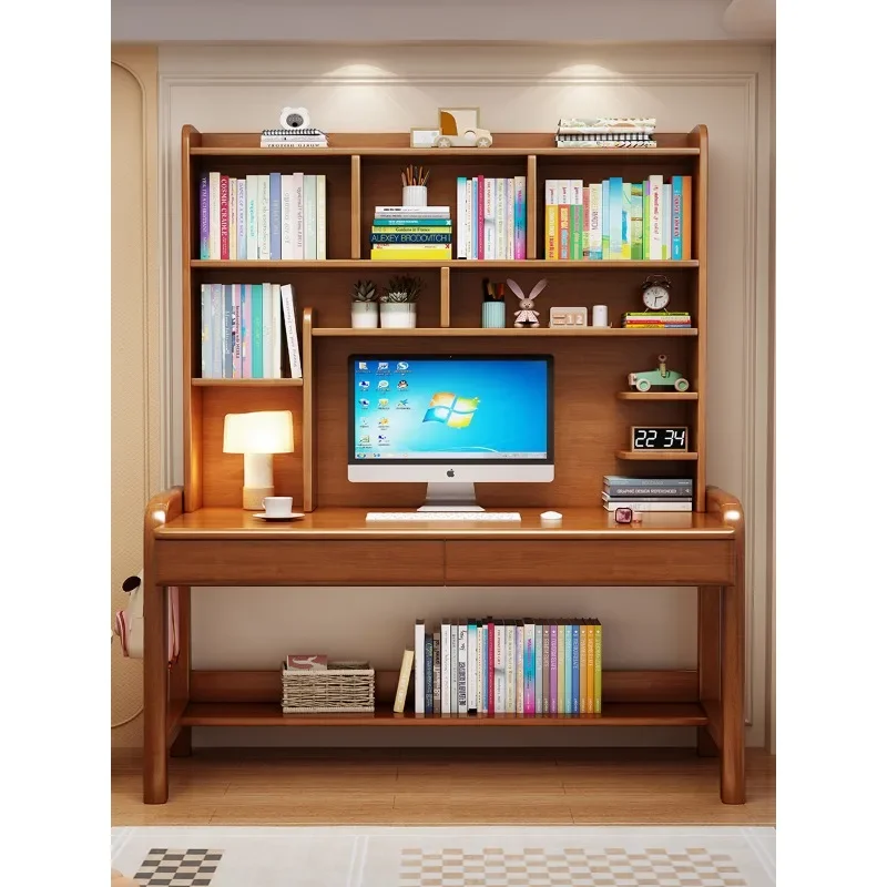 Solid wood desk bookshelf integrated lifting student computer desk writing desk bedroom children's
