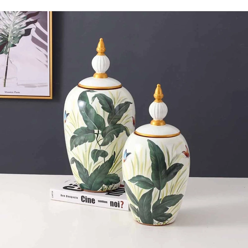 Leaf Pattern Ceramic Storage with Lid Tea Living Room Decoration Crafts Coffee Grain Kitchen General