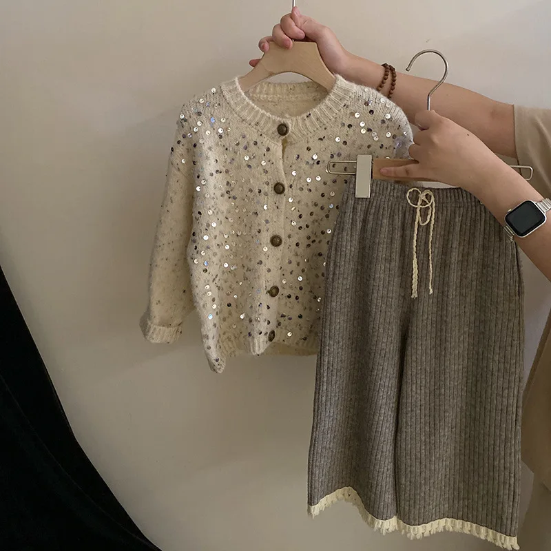 

Корейская версия всех широких брюк, модный костюм для девочек, тяжелый весенне-осенний новый свитер с блестками, кардиган, пальто