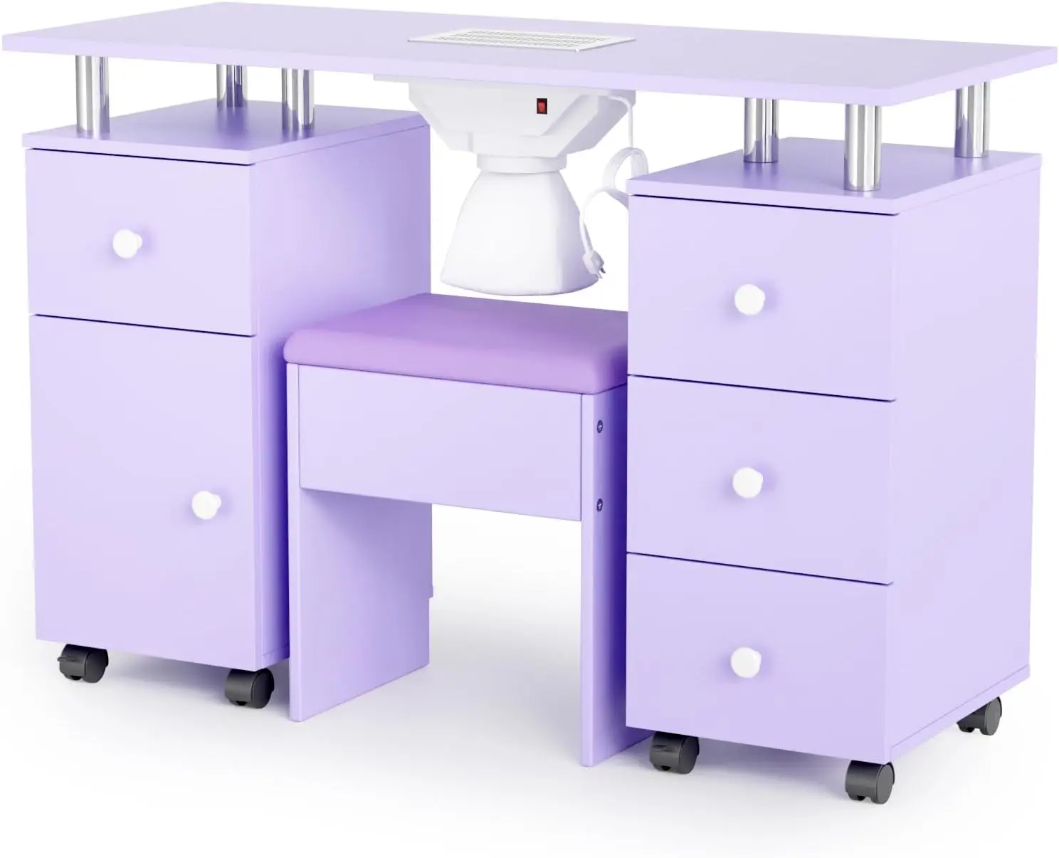 Nail Desk Chair Set Manicure Table Dust Collector Arm Rest 8 Wheels Acetone Resistant Desktop Drawers Cabinet Storage Makeup Bea