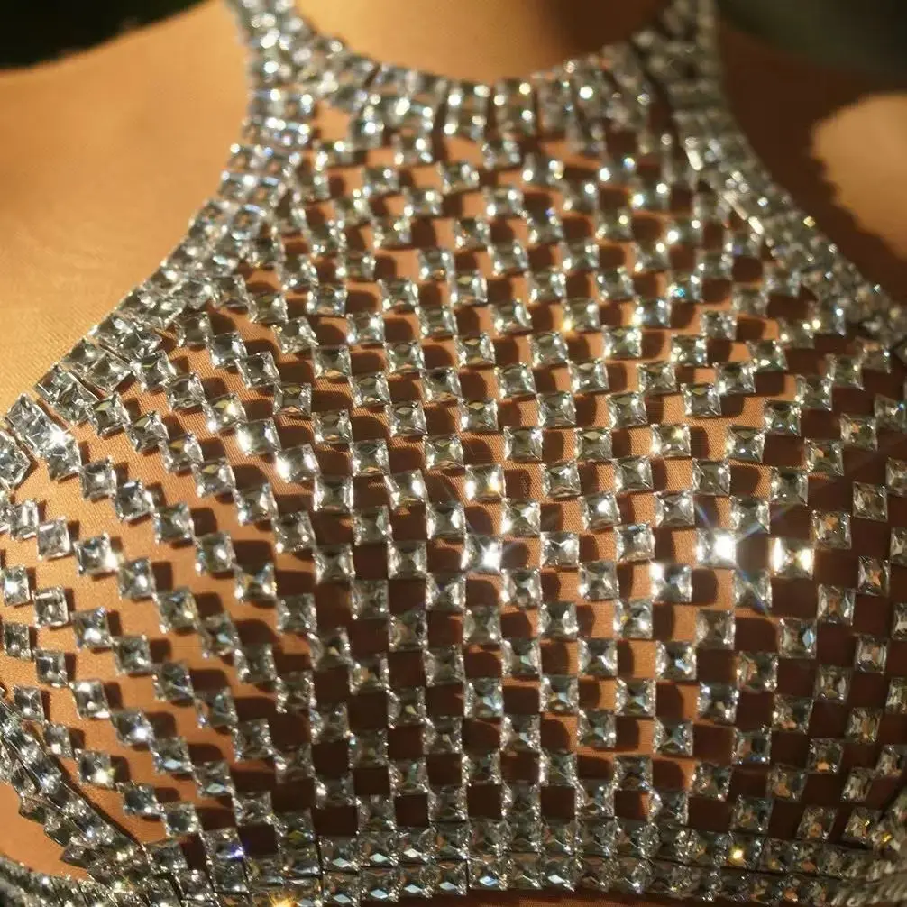 Sexy Singer Rhinestone Mesh Dress Nightclub Bar Pole Dance Outfits Opening Show Wear Dj Ds Women Gogo Stage Costumes DN21479