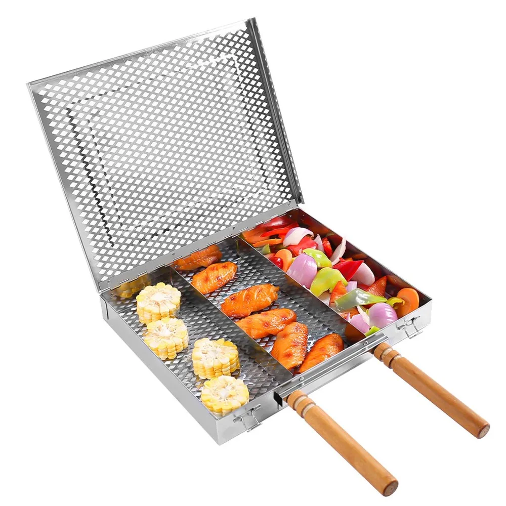 stainless-steel-bbq-grilling-basket-double-handle-silver-outdoor-cooking-basket-detachable-dividers-portable-grill-basket