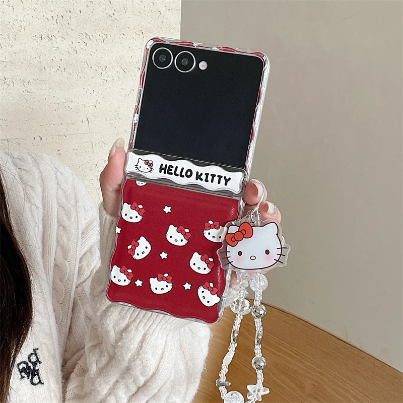 

Fashion red HelloKitty Phone Case For Samsung Galxy Z Flip 7 6 5 4 3 ZFlip6 ZFlip5 Cover with Chain Cute Cases Funda