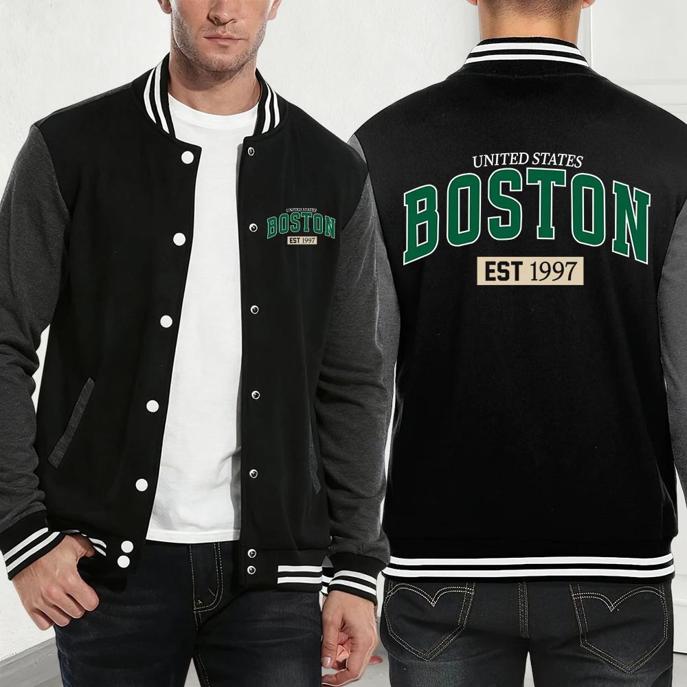

Boston Letter Est 1997 Printed Baseball Coat Mens Winter Loose Jackets Casual Street Fleece Warm Tops Basics Pocket Male Clothes