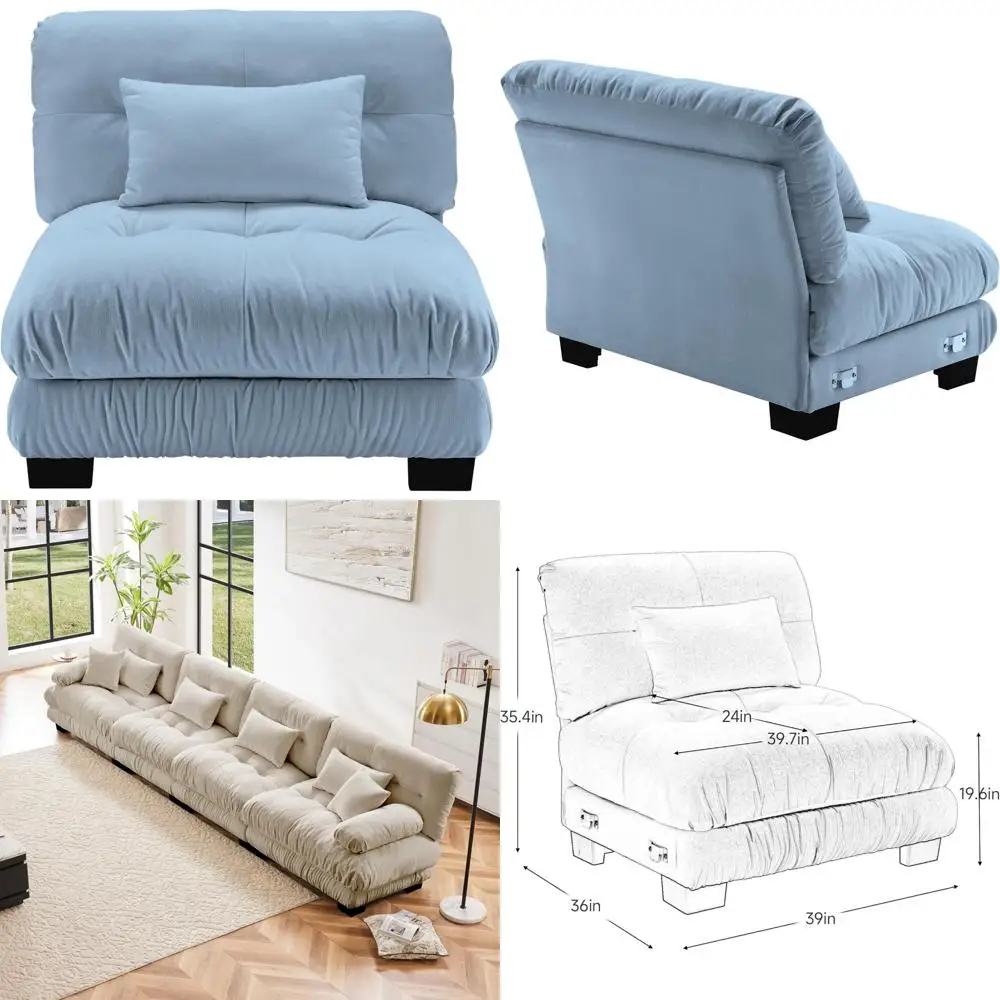 Blue Armless Sofa with One Pillow - Modern Comfortable Living Room Furniture