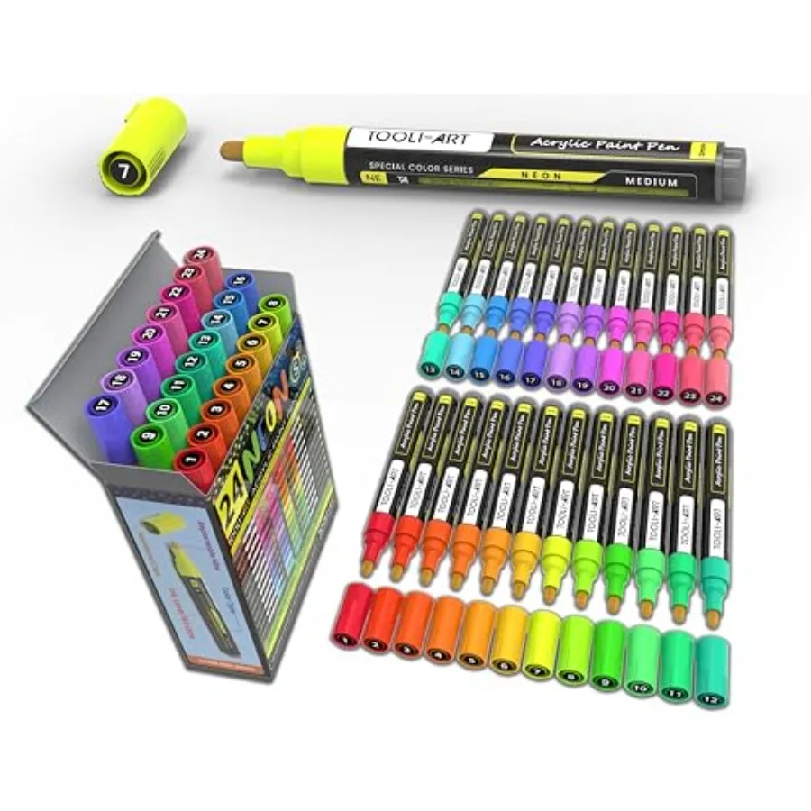 

24 Fluorescent Acrylic Paint Pens ediu Special Color Series arkers Set 3 Tip Rock Painting Glass Mugs Wood Metal Canvas DIY Pro
