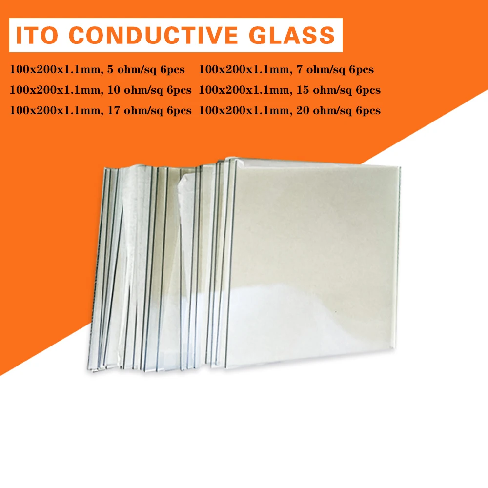 Laboratory High Transparent ITO Conductive Glass 100*200*1.1mm 5/7/10/15/17/20 Ohm 6 Pieces/box