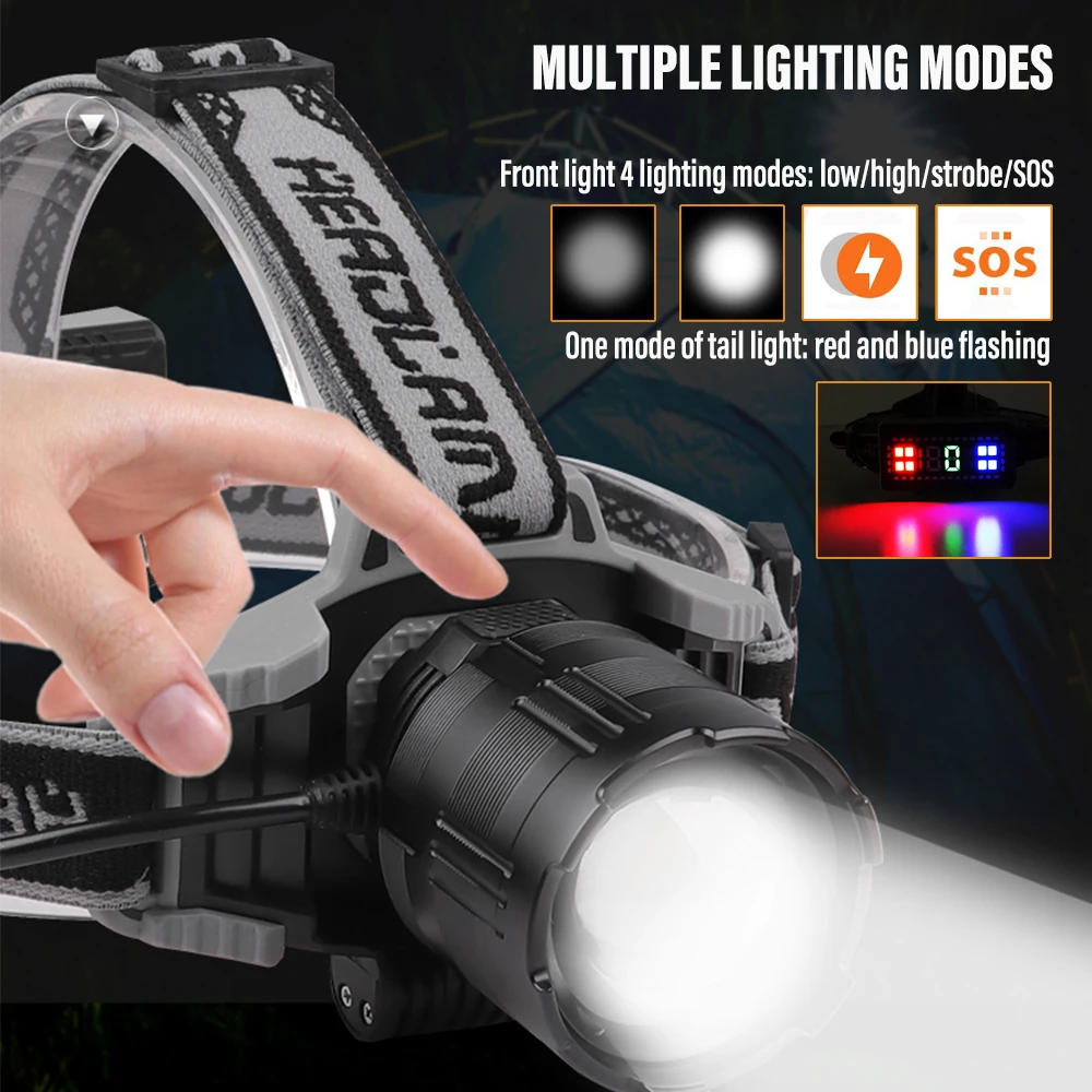 

C2 Camping Lights 30W High Power LED Headlamp Fishing Adventure Headlight Long Range 1500 Meters Zoomable Lantern 8000 Lumens