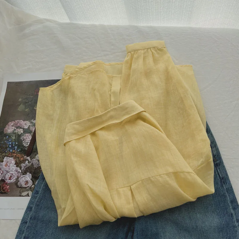 Camicetta da donna ampia in tinta unita alla moda Camicie e camicette a maniche lunghe con risvolto elegante Top con lacci tascabile vintage femminile 2025