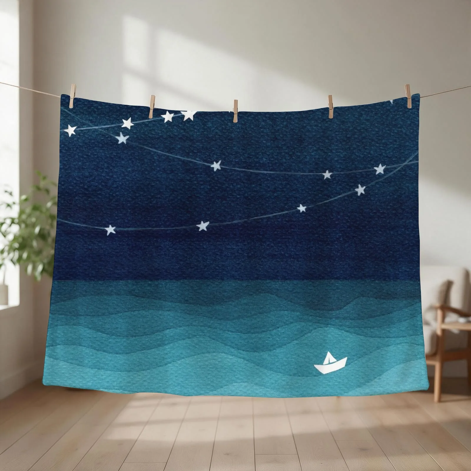 Garland of stars, teal ocean Throw Blanket couch cozy soft plush fuzzy picnic outdoor blanket