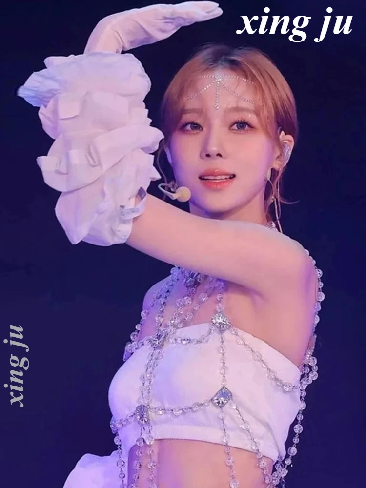 Kpop 한국 가수 재즈 공연 의상 화이트 라인 석 크롭 탑 레이스 업 짧은 치마 여성 나이트 클럽 무대 댄스 의상