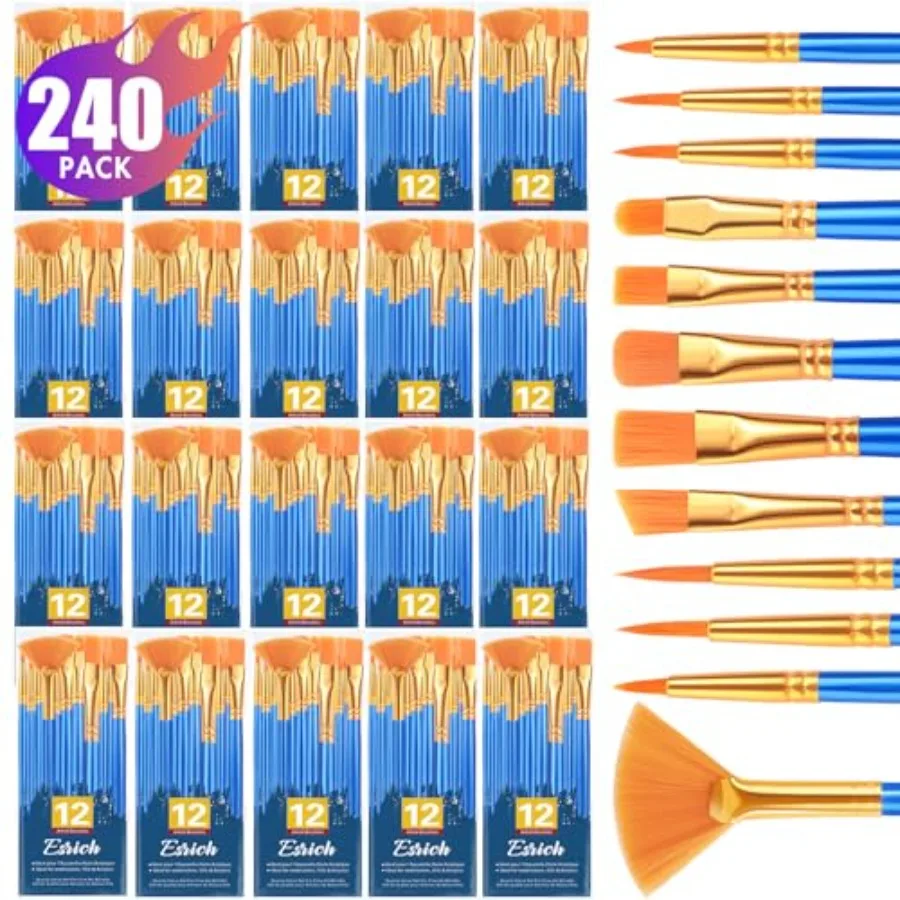 20-Pack 240-Piece Nylon Hair Paintbrush Set with Round-Pointed Tips for Acrylic Oil and Watercolor Painting Ideal for Artists a