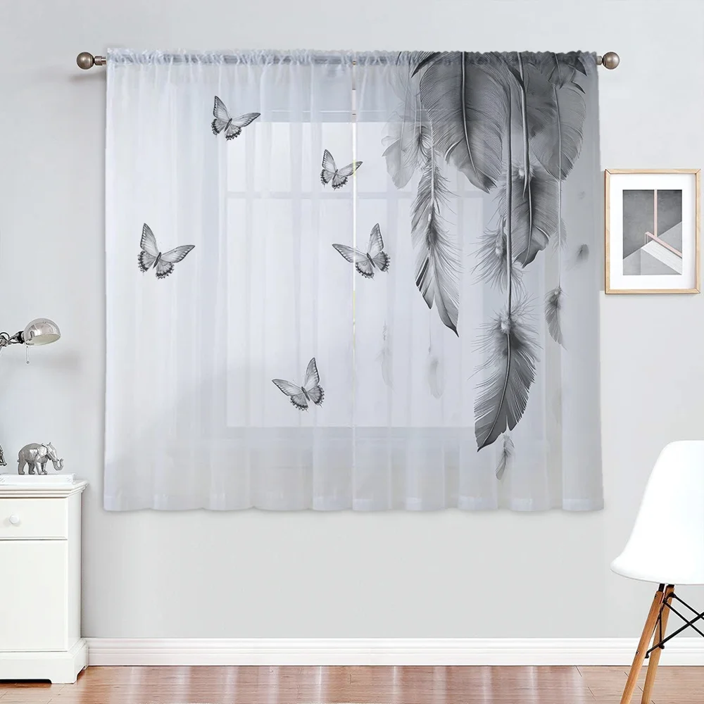 2PCS Digital Print Sheer Curtain, Feather Butterflies Lightly Dancing Pattern, Ethereal Elegant Fairy Tale Dreamy Style Decor