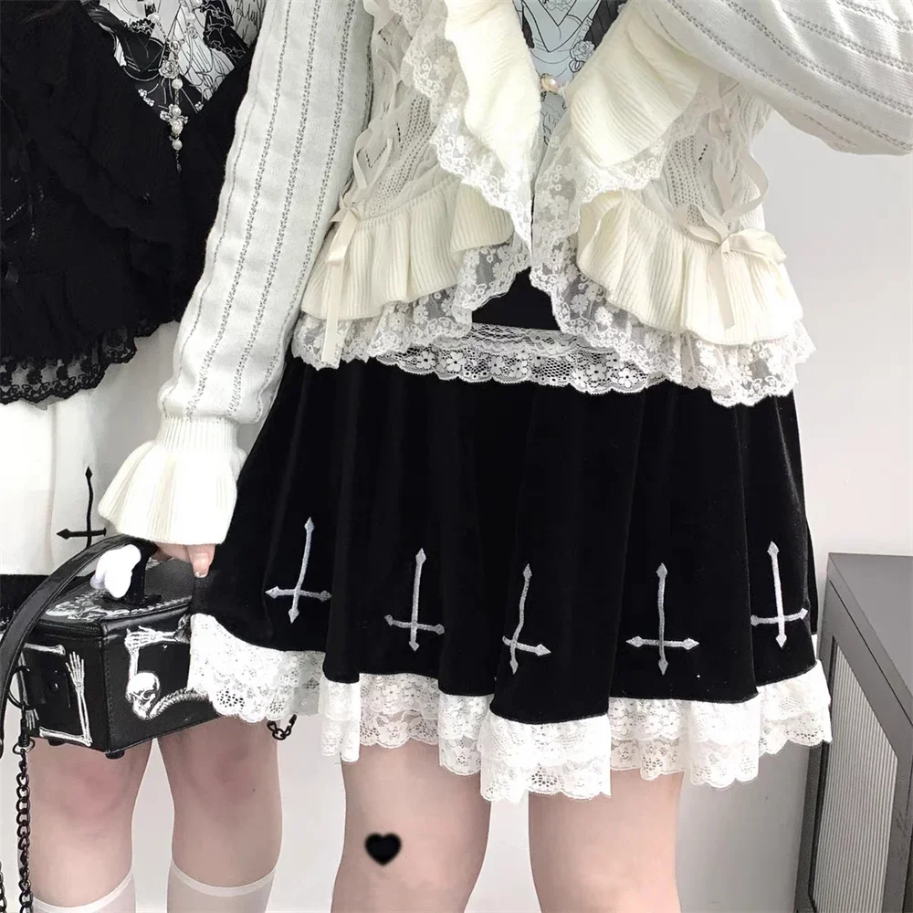 Women Black White Lace Kpop Mini Skirt Harajuku Gothic Lolita Style Skater Cross Embroidery High Waist Punk Pleated Skirt Saias