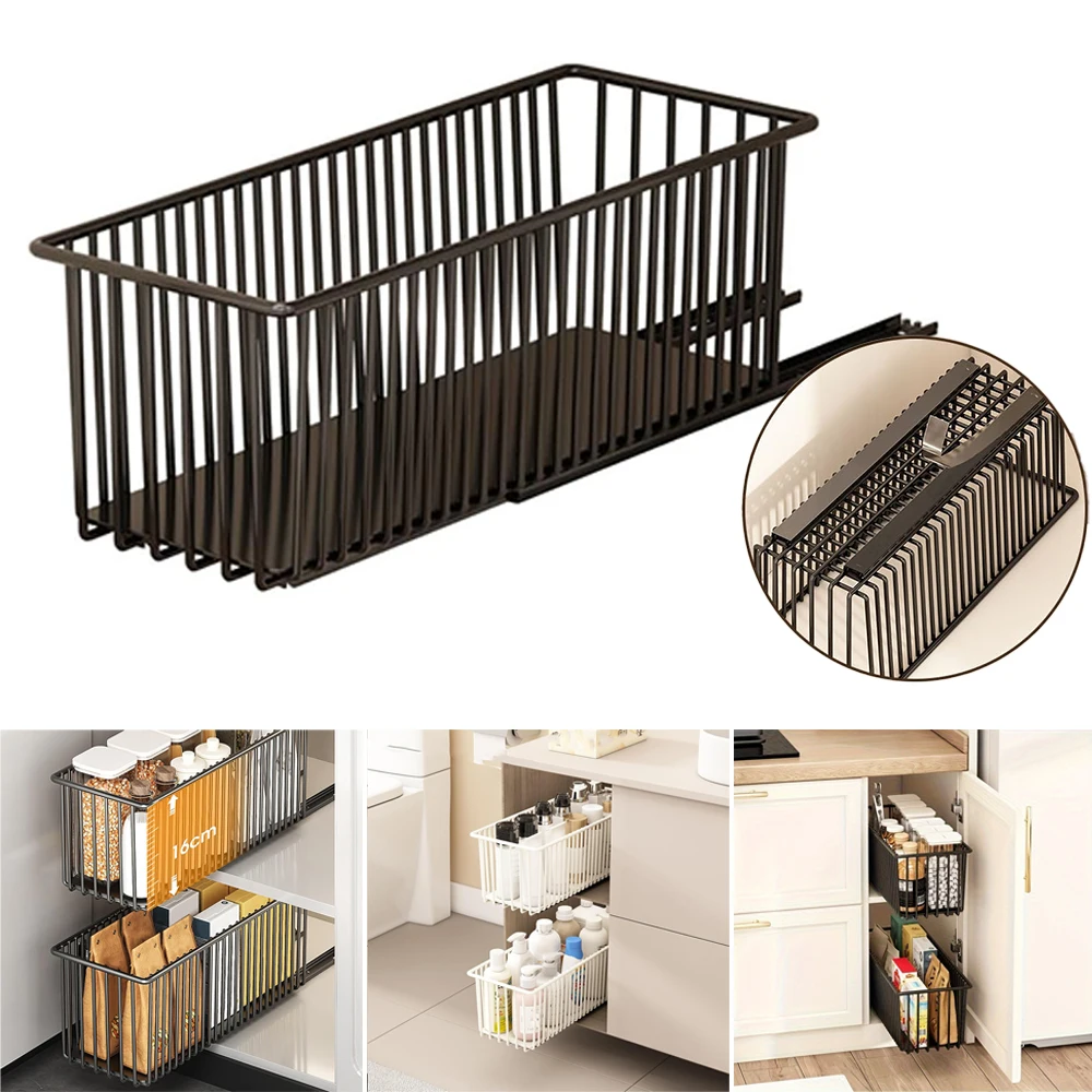 

Pull Out Kitchen Storage Basket with Rails Carbon Steel Rustproof Pantry Organizer Cabinet Organizer Rack for Under Sink Estante