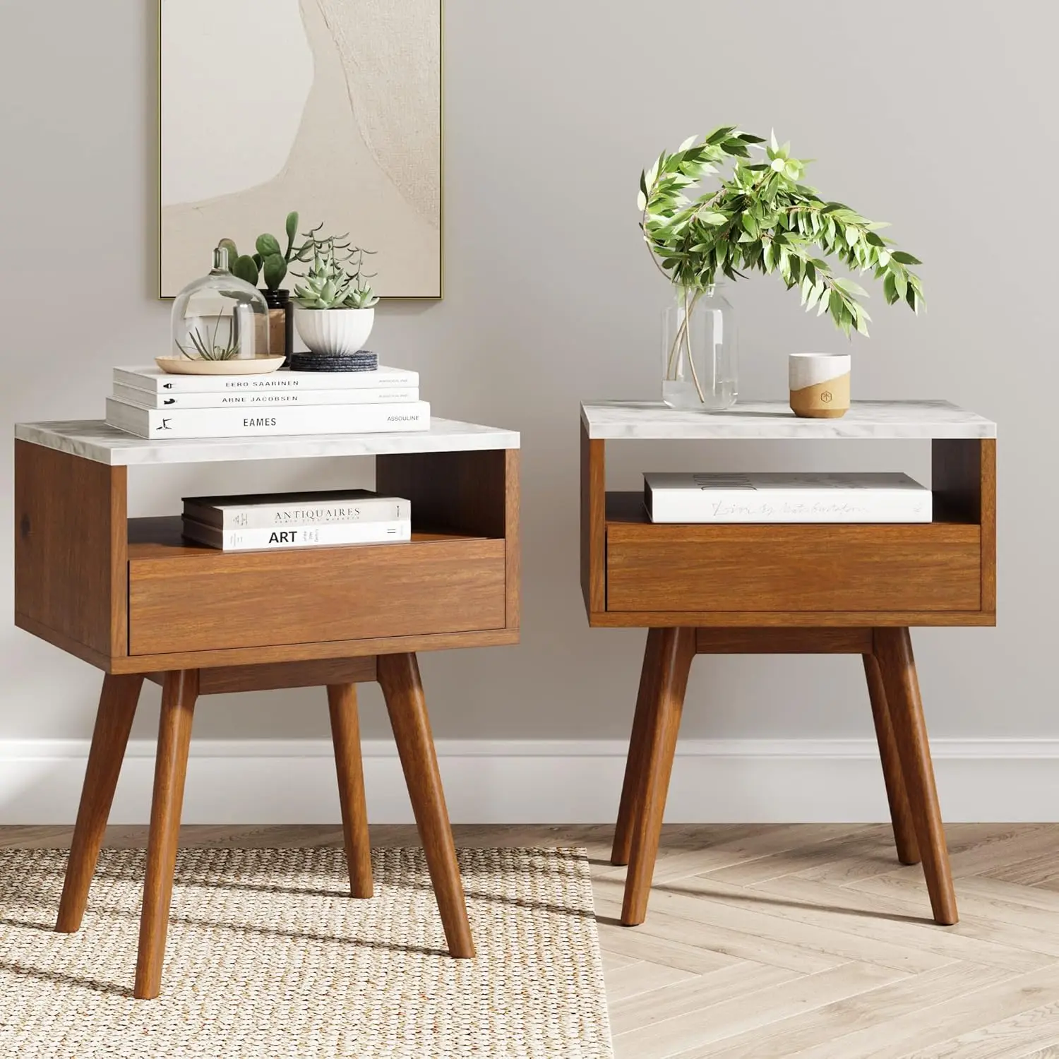 Set of 2 Mid-Century Rectangle Accent Side or End Table Walnut Finish Wood and Faux Marble Top with Storage Nightstand