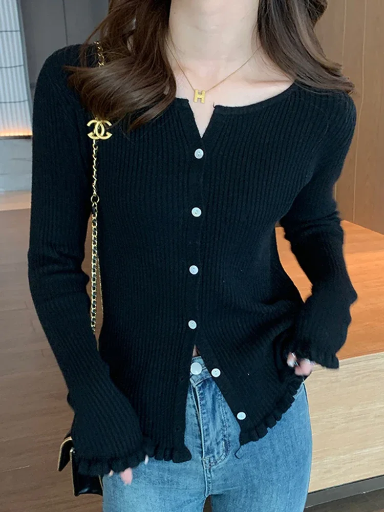 

Autumn Winter Women O-neck Cardigan Fashion Ruched Long Sleeve Sweater Temperament Knitted Solid Cardigans Streetwear Tops 2023
