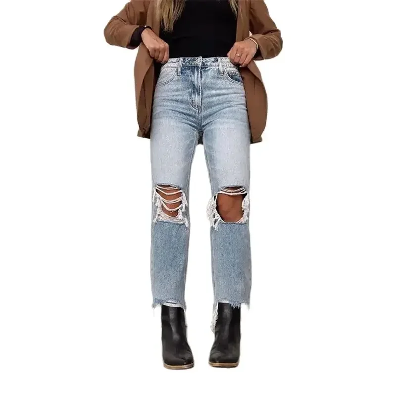 Fashion Knees Broken Holes Hollow Out Straight Jeans Women Tassel Irregular Trous Legs Denim Pants Daily Casual Female Trousers