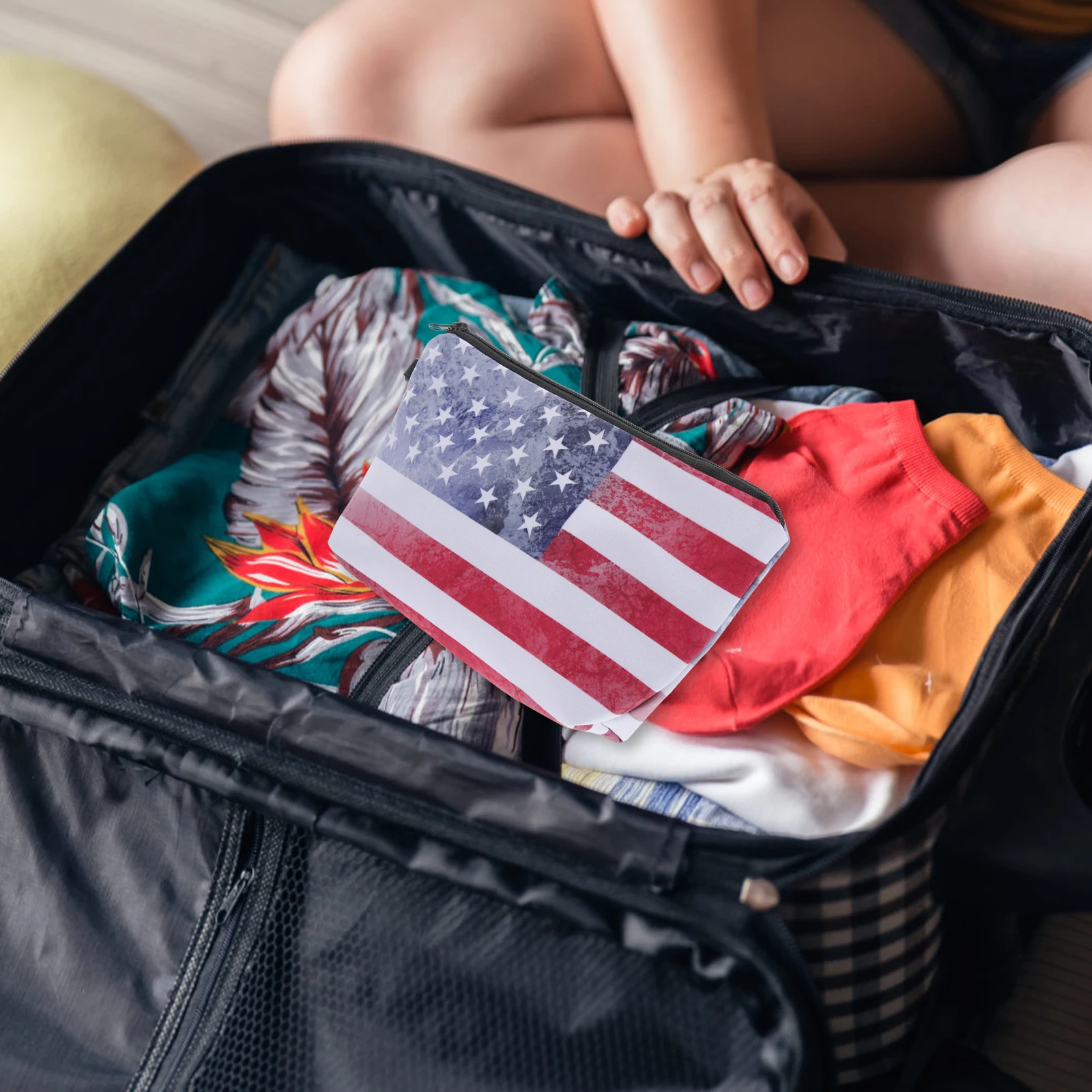 

American Flag Bag 22x13 5CM Polyester Pencil Zipper Compact Retro Makeup Stationery Storage Travel Friendly Lightweight
