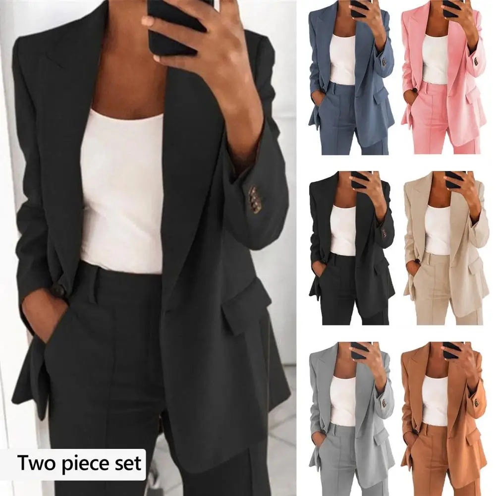 Women New 2pcs Clothes Set Solid Color Long Sleeve Blazer Jacket High Waist Long Pants Clothing Suit Summer Fashion Office