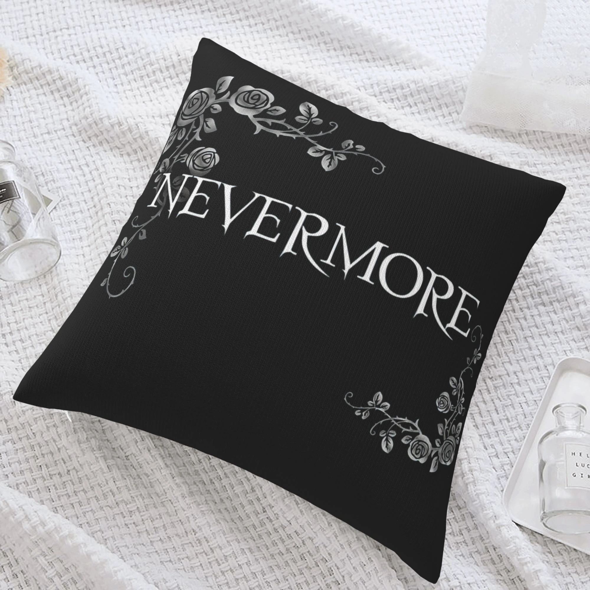 1pc Edgar Allan Poe Nevermore Pillow Cover, Polyester 2D Double Sided Print Cushion Case, Gothic Silver Rose Throw Pillowcase, D