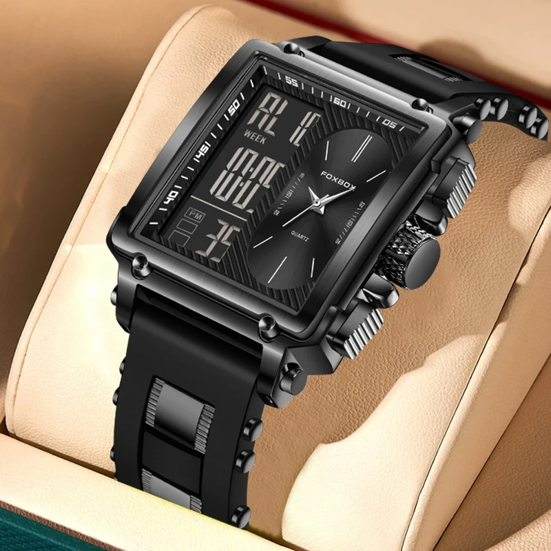 FOXBOX Dual Digital Display Man Watch Fashion Casual Sport Silicone Strap Auto Date Waterproof Quartz Electronic Watches for Men