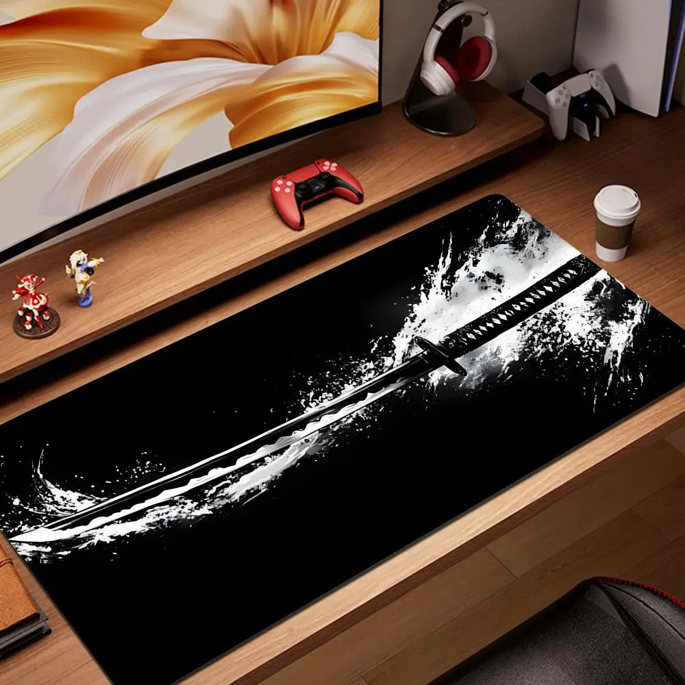 

Mouse pad black Japanese samurai sword desk pad XXL Large Office Computer HYBXAXC Pc Accessories Rubber Keyboard Desk Mat 90x40