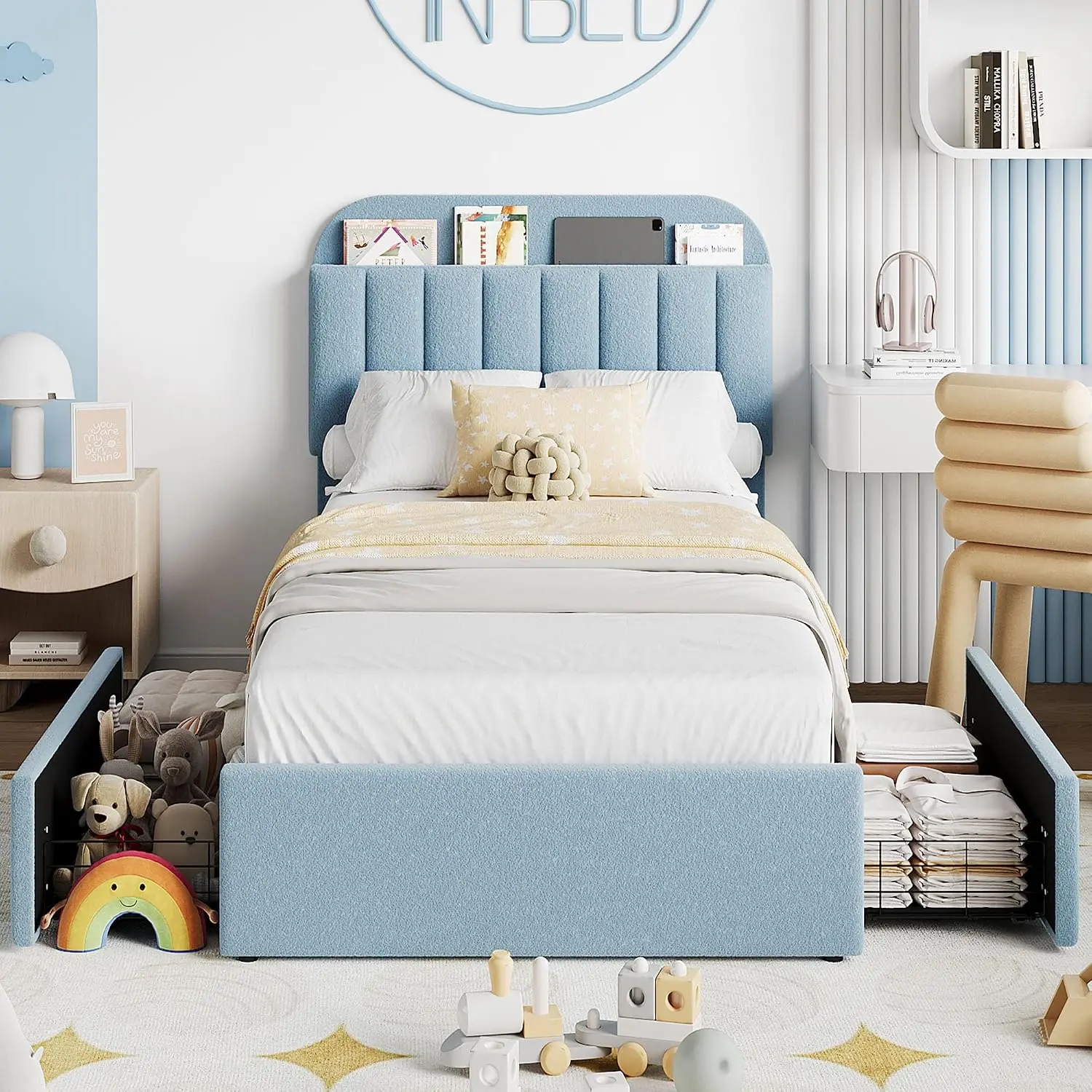 Twin Size Bed Frame Headboard Drawers Upholstered Boucle Platform Kids Bed Flexible Storage Easy Assembly No Box Spring Needed N