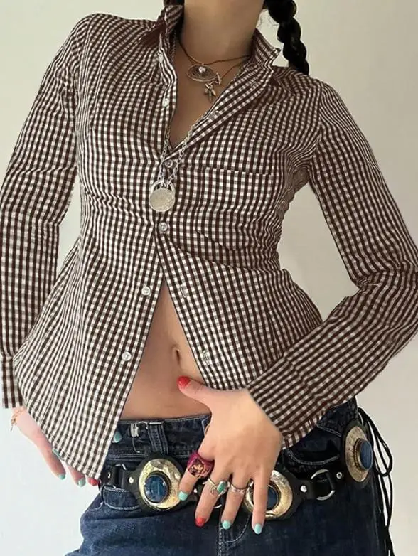 

Women's Shirt Spring/summer Classic Style Checkered Print Fashionable Casual Trend Button Up Front Slim Fit Long Sleeved Shirt